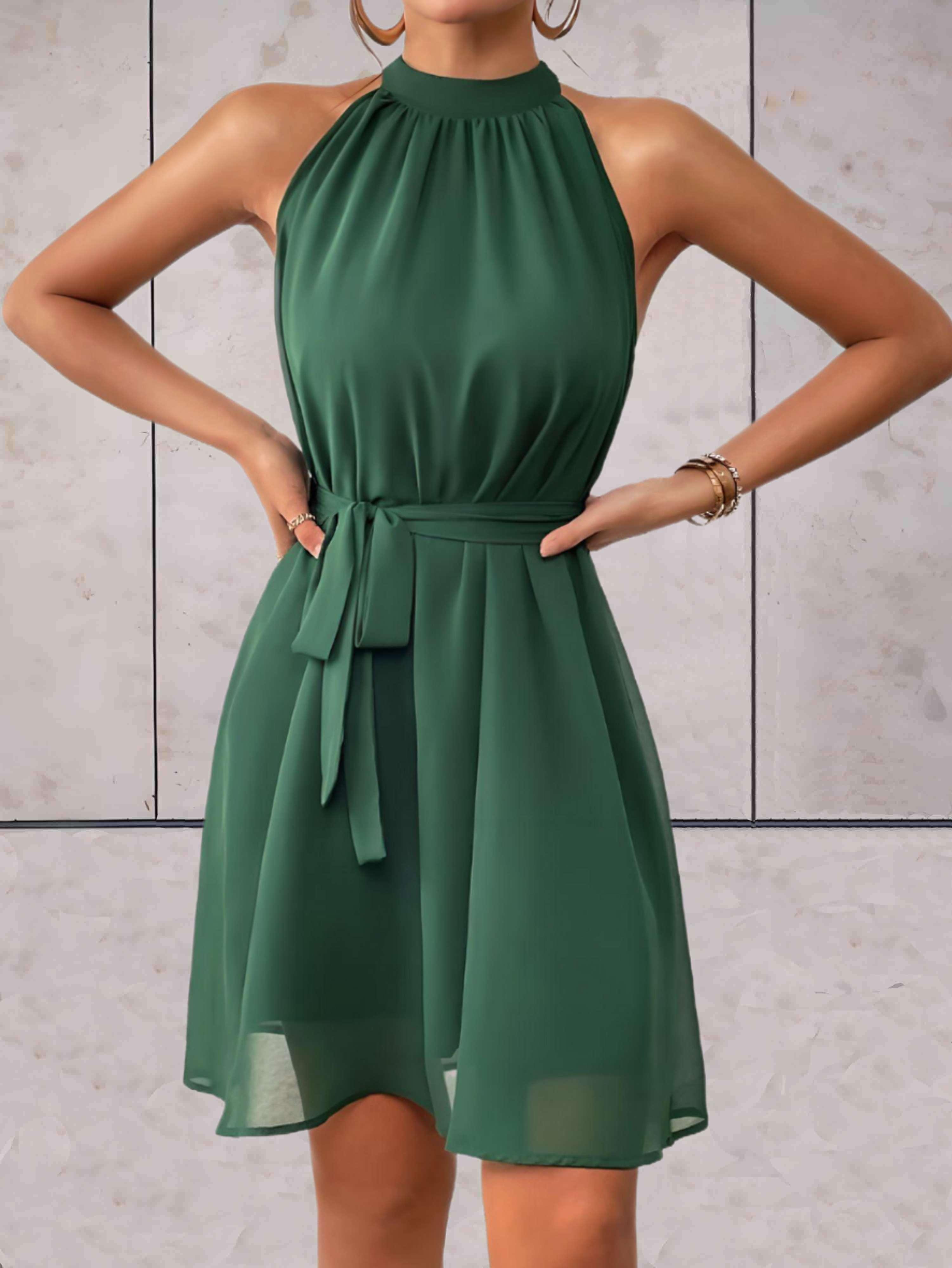 Rosea Plain Sleeveless Dress with Round Neck and Knotted Belt