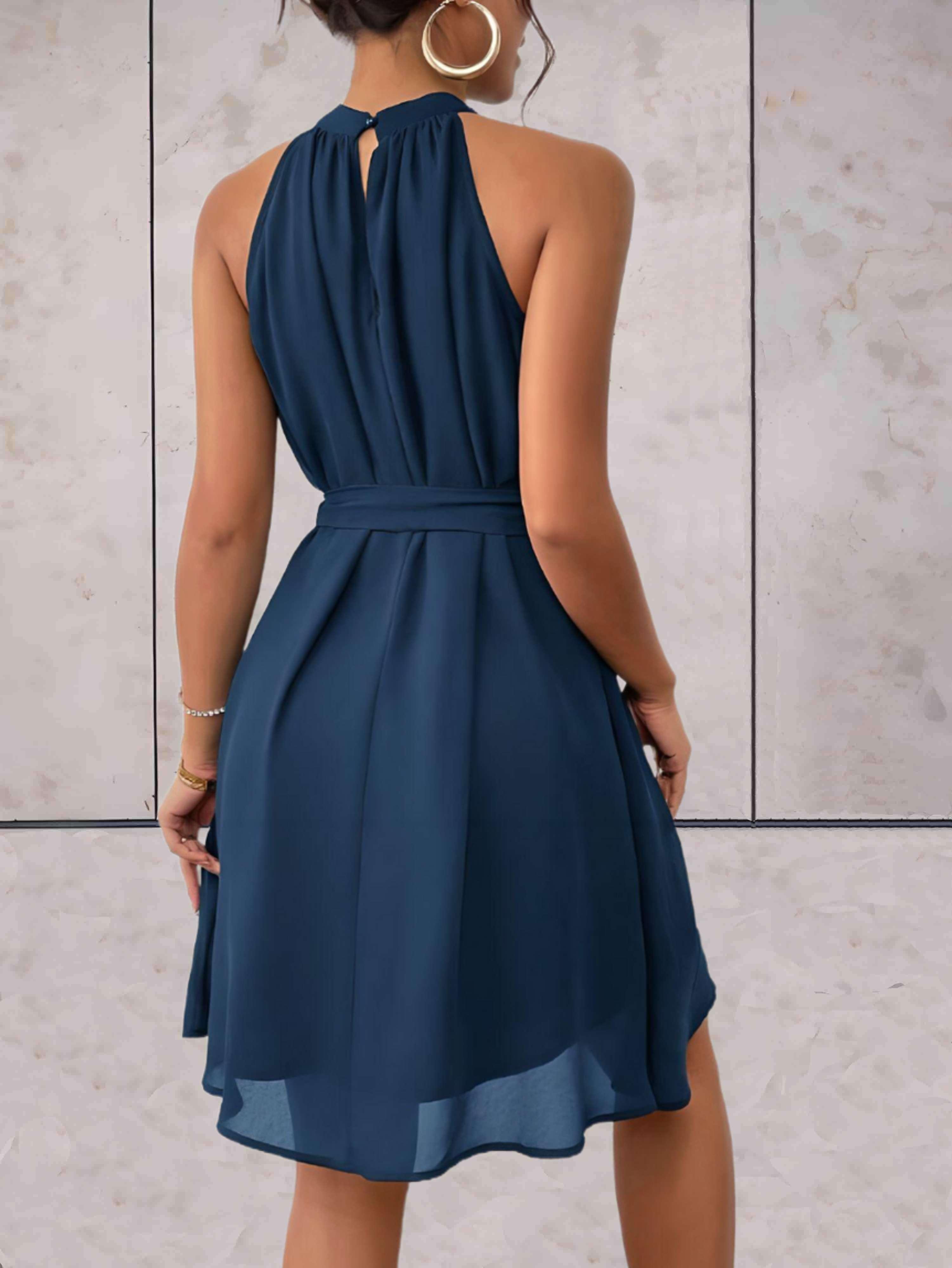 Rosea Plain Sleeveless Dress with Round Neck and Knotted Belt