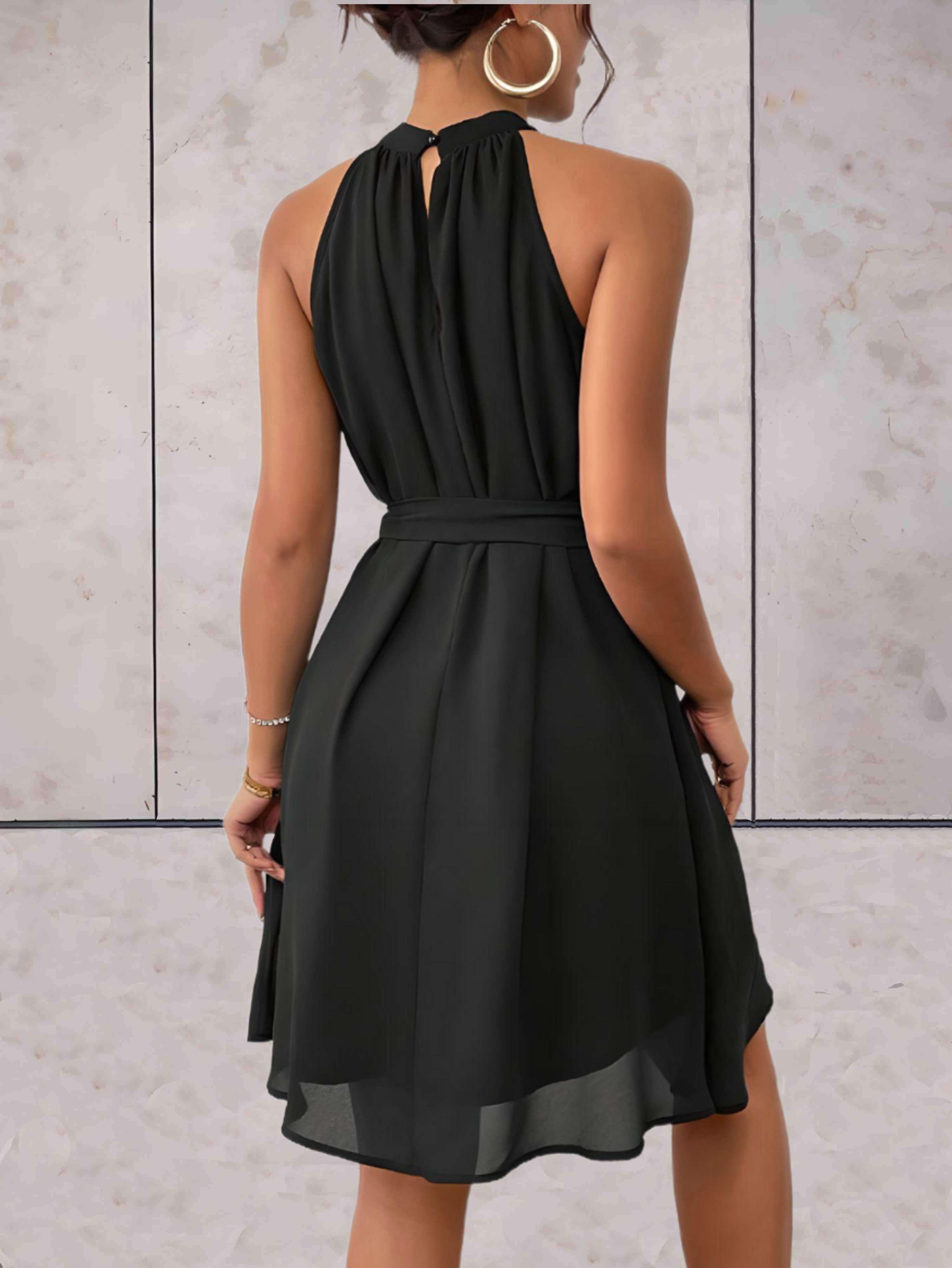 Rosea Plain Sleeveless Dress with Round Neck and Knotted Belt