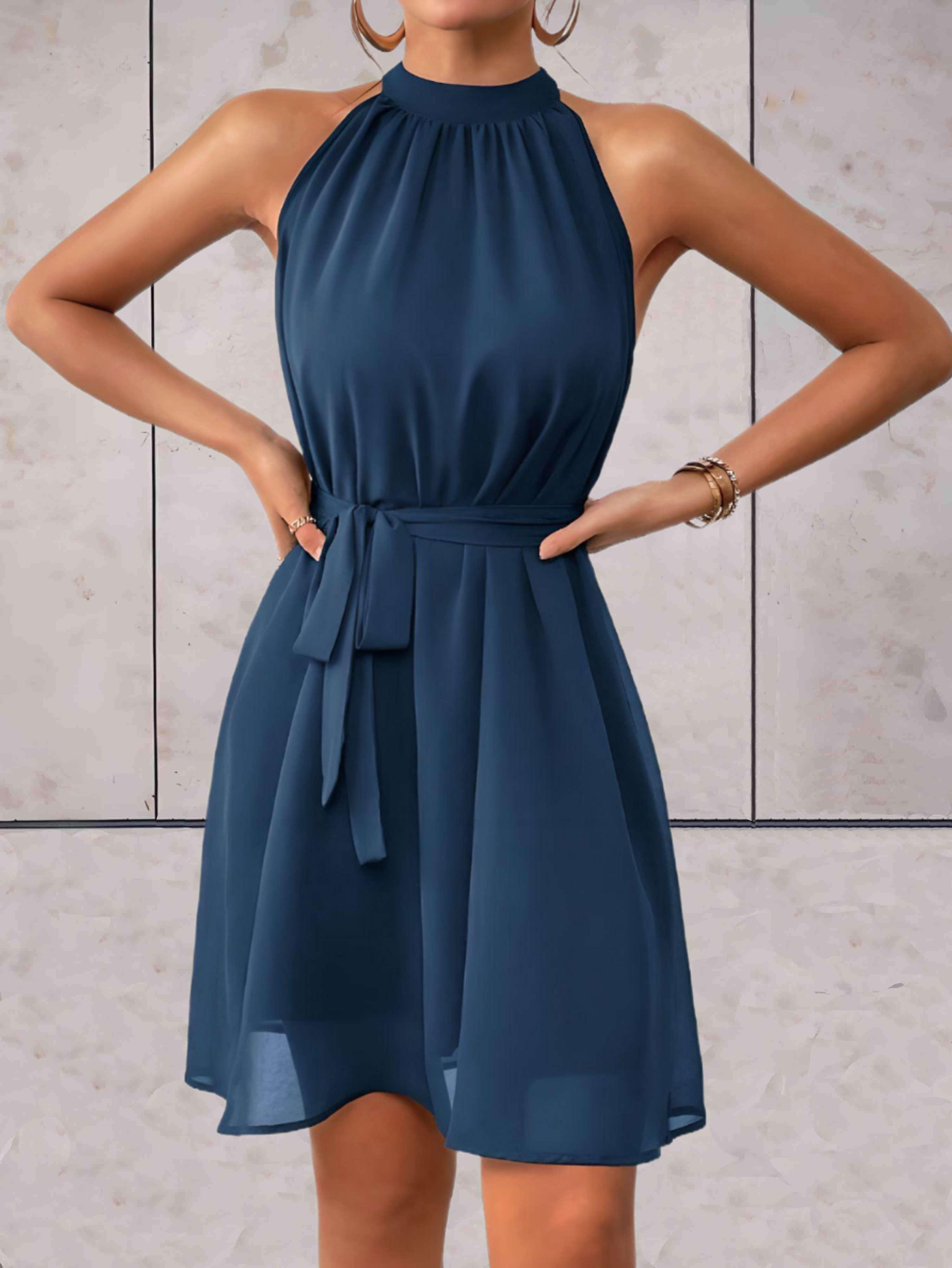 Rosea Plain Sleeveless Dress with Round Neck and Knotted Belt