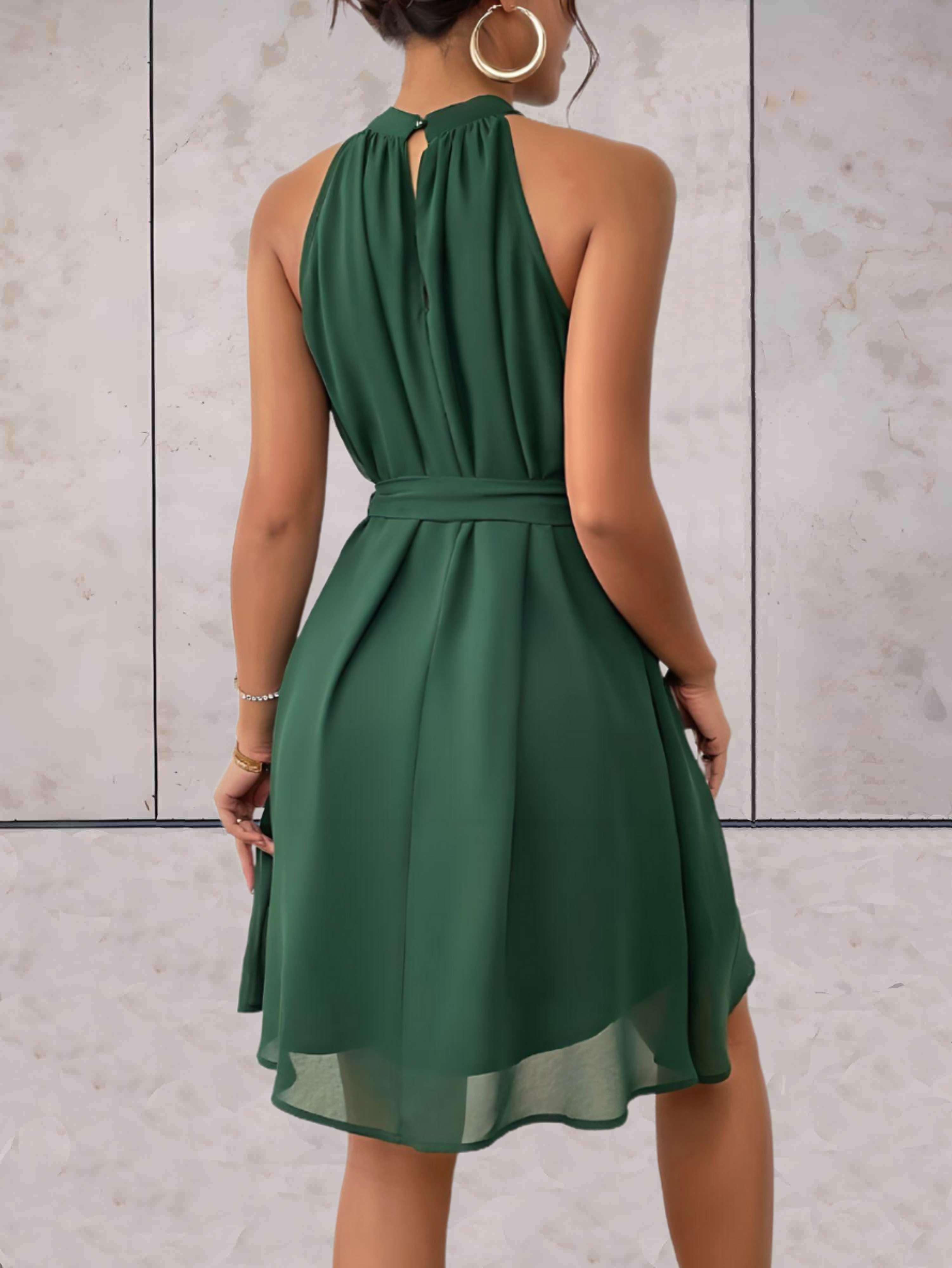 Rosea Plain Sleeveless Dress with Round Neck and Knotted Belt
