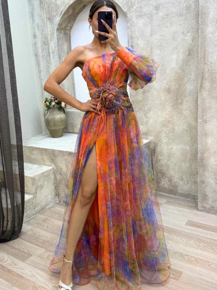 Rosea Asymmetric Bloom Maxi šaty