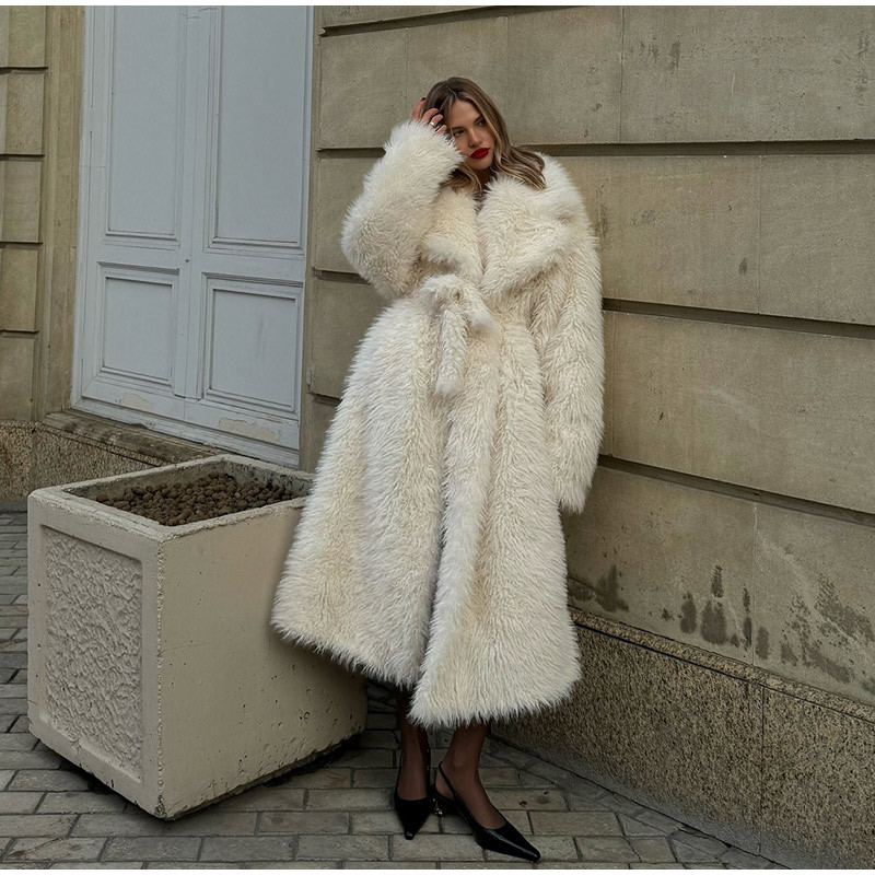 Dlouhý kabát z umělé kožešiny Rosea Beige