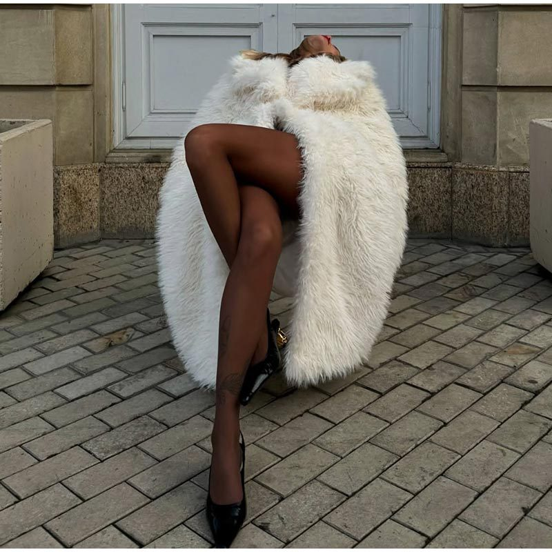 Dlouhý kabát z umělé kožešiny Rosea Beige