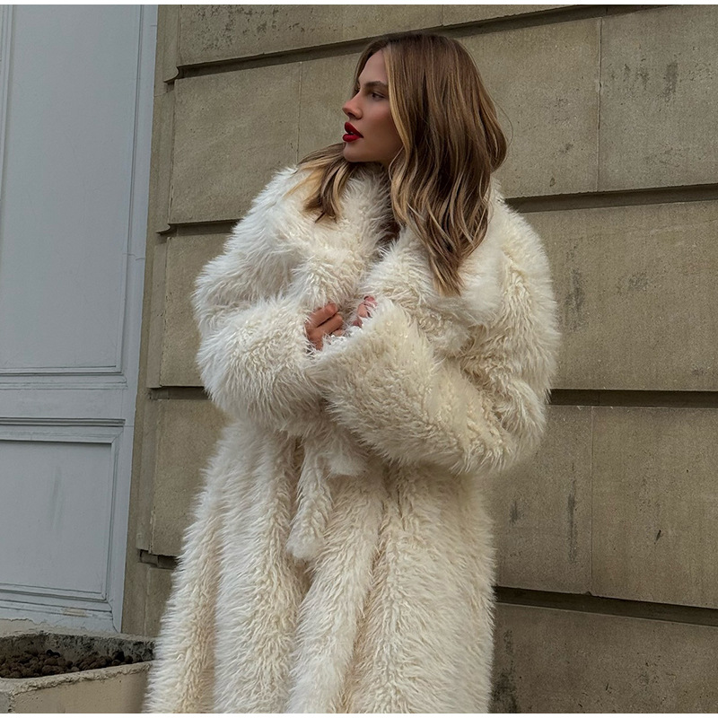 Dlouhý kabát z umělé kožešiny Rosea Beige
